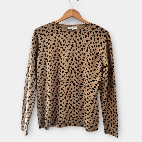 SCOTT & SCOTT LONDON Tan Mini Heart Print Crewneck Cashmere Sweater L - Picture 1 of 10
